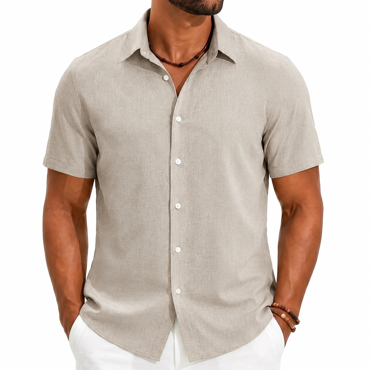 Camicia da uomo taglia M beige a maniche corte con colletto e bottoni