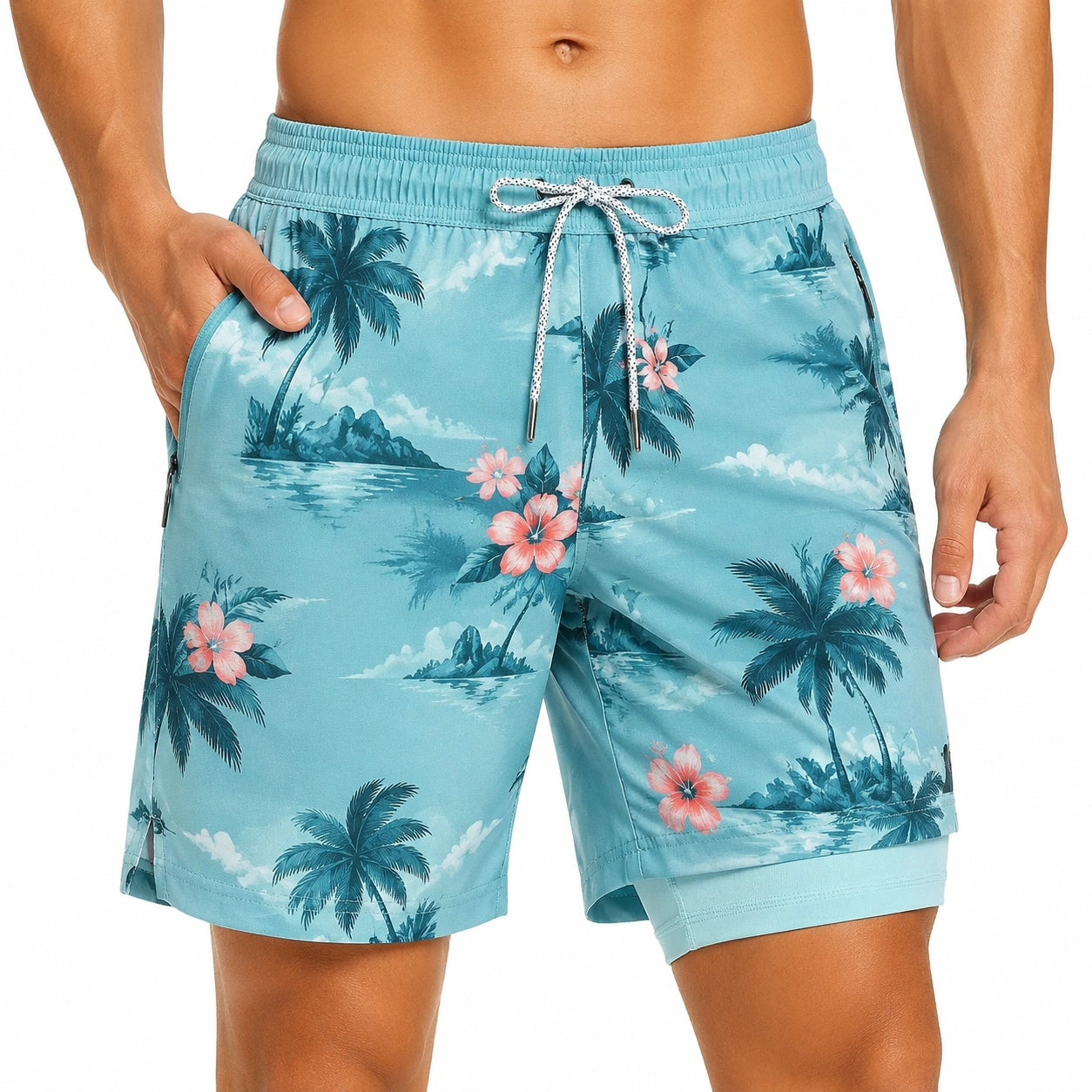 Costume da bagno uomo M in tessuto sintetico azzurro con stampa tropicale e tasche con zip