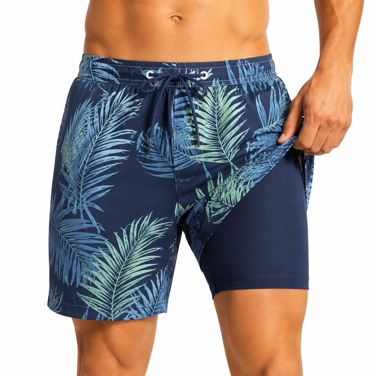 Costume da bagno uomo taglia L in tessuto sintetico blu con stampa tropicale e pantaloncino interno