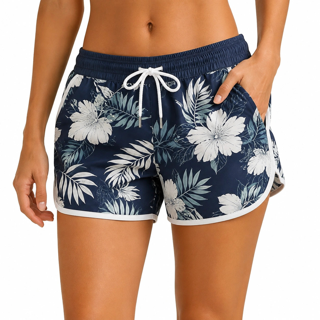 Shorts da mare donna L in tessuto sintetico blu navy con stampa floreale e tasche