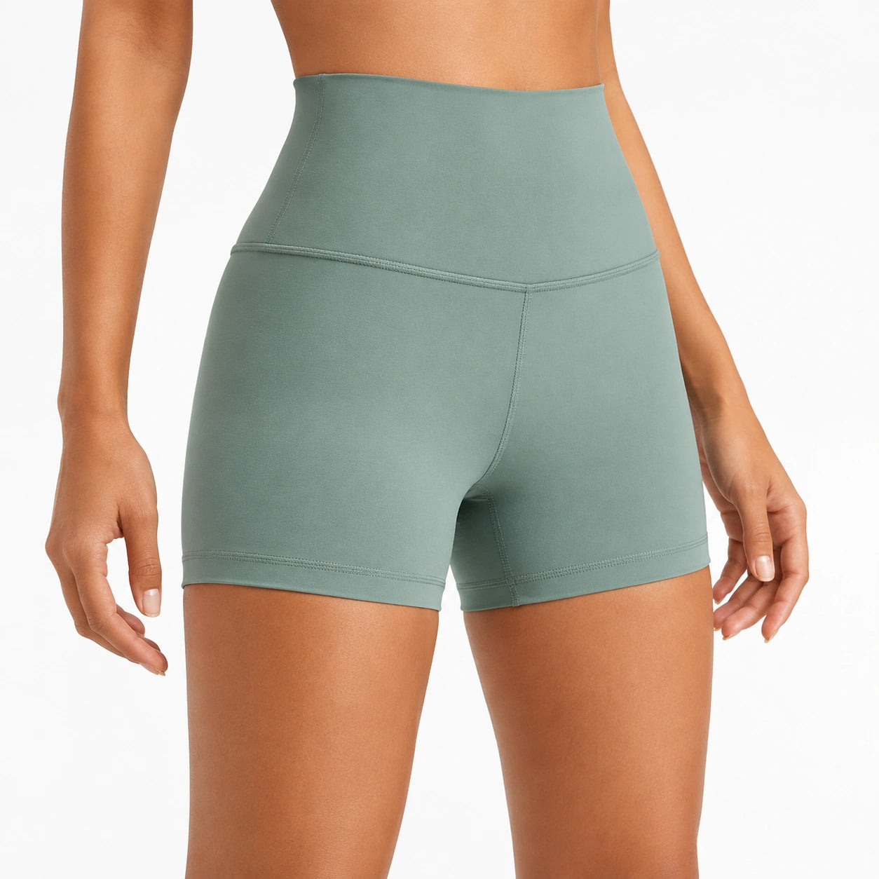 Shorts sportivi da donna taglia M in tessuto elasticizzato verde salvia a vita alta