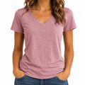 T-shirt donna S in tessuto rosa con scollo a V e maniche corte
