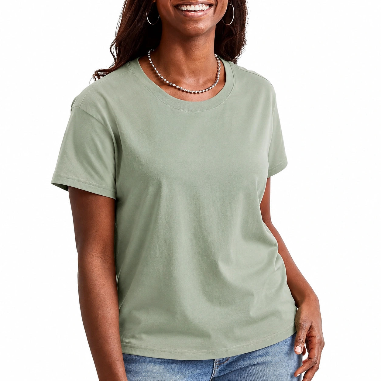 T-shirt donna S in cotone verde salvia - girocollo a maniche corte