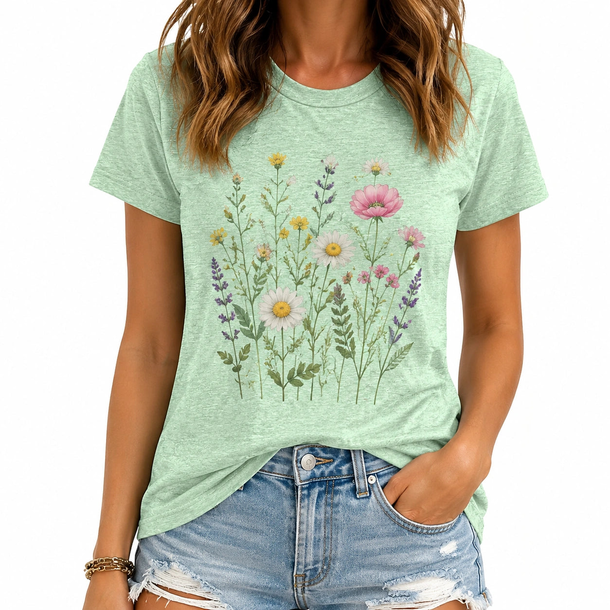 Maglietta donna taglia M in tessuto verde menta con stampa floreale stile casual
