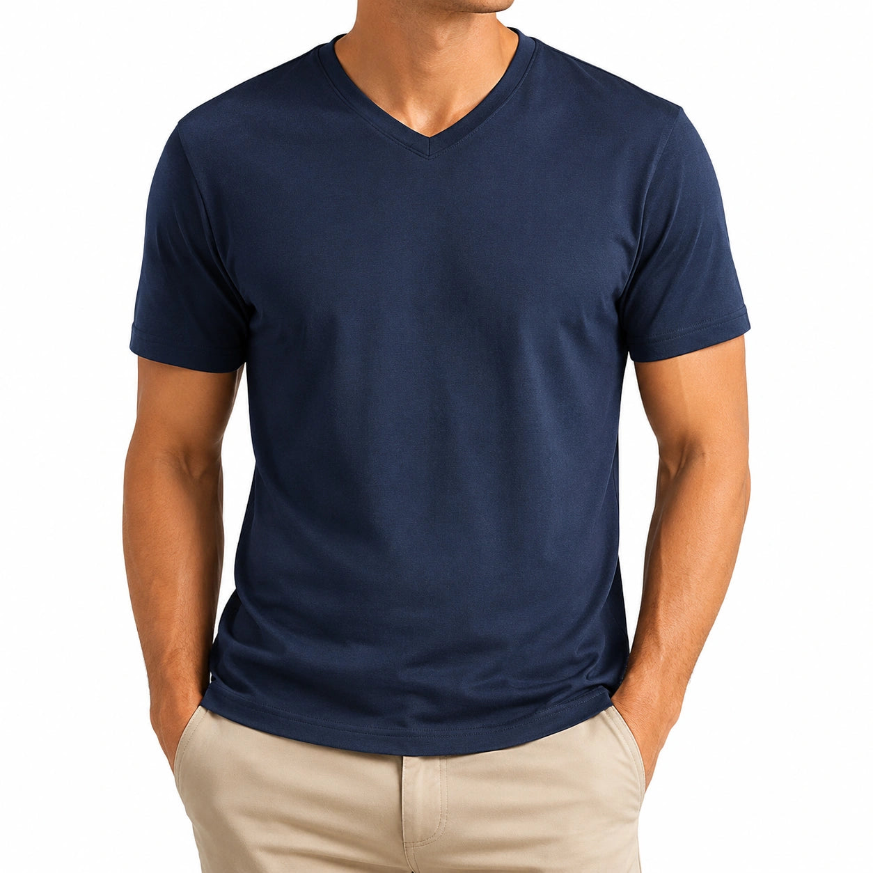 T-shirt uomo taglia L in tessuto sintetico blu navy - scollo a V manica corta