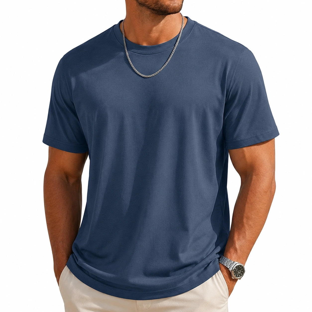 T-shirt uomo L blu navy in tessuto a maglia - girocollo manica corta casual
