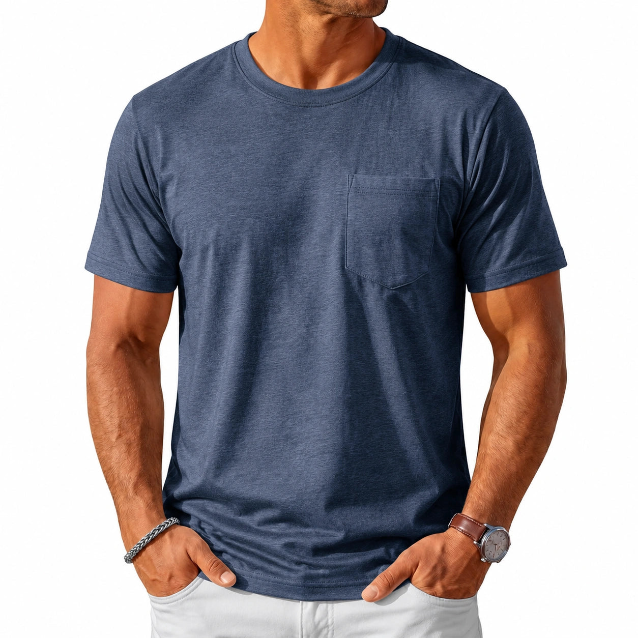 T-shirt uomo L blu navy in tessuto con tasca sul petto - girocollo casual