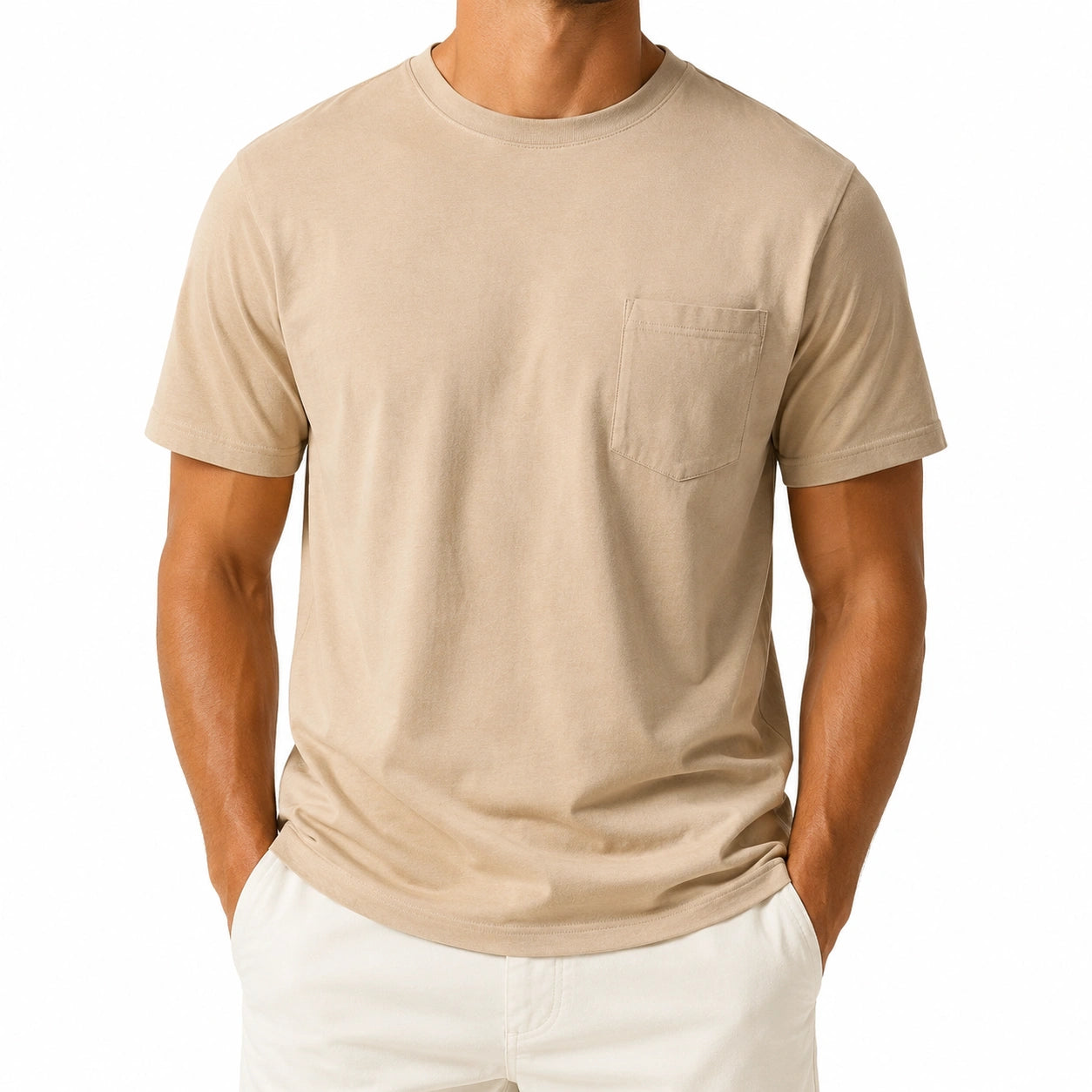 T-shirt da uomo taglia M in cotone beige con taschino stile casual